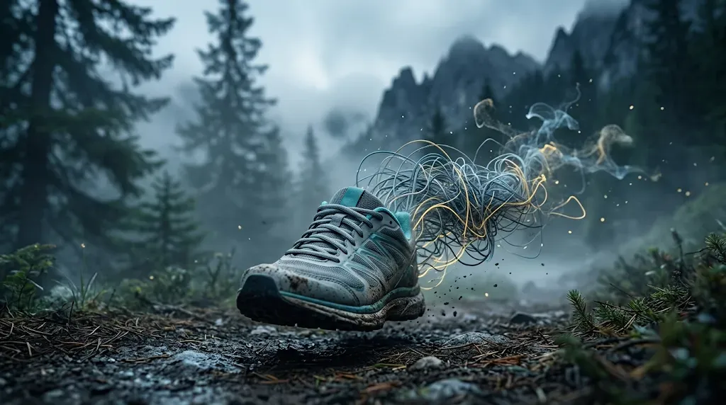 Una zapatilla de running suspendida en el aire sobre un sendero de montaña, dejando atrás una estela de cables y ondas de sonido enredadas en vez de polvo