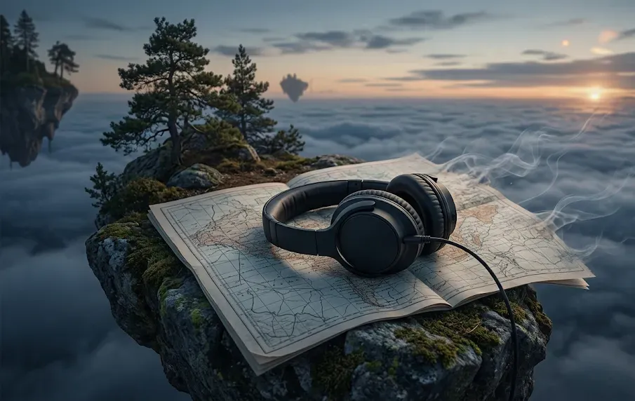Unos auriculares apoyados sobre un mapa de papel abierto en un peñasco flotando sobre un mar de nubes, con los bordes del mapa disolviéndose en ondas de sonido