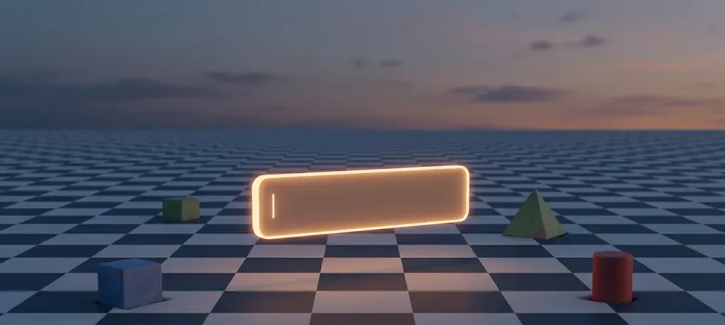 Una caja de texto rectangular e iluminada flotando sobre un tablero infinito tipo ajedrez, rodeada de bloques geométricos simples hundidos a medio construir