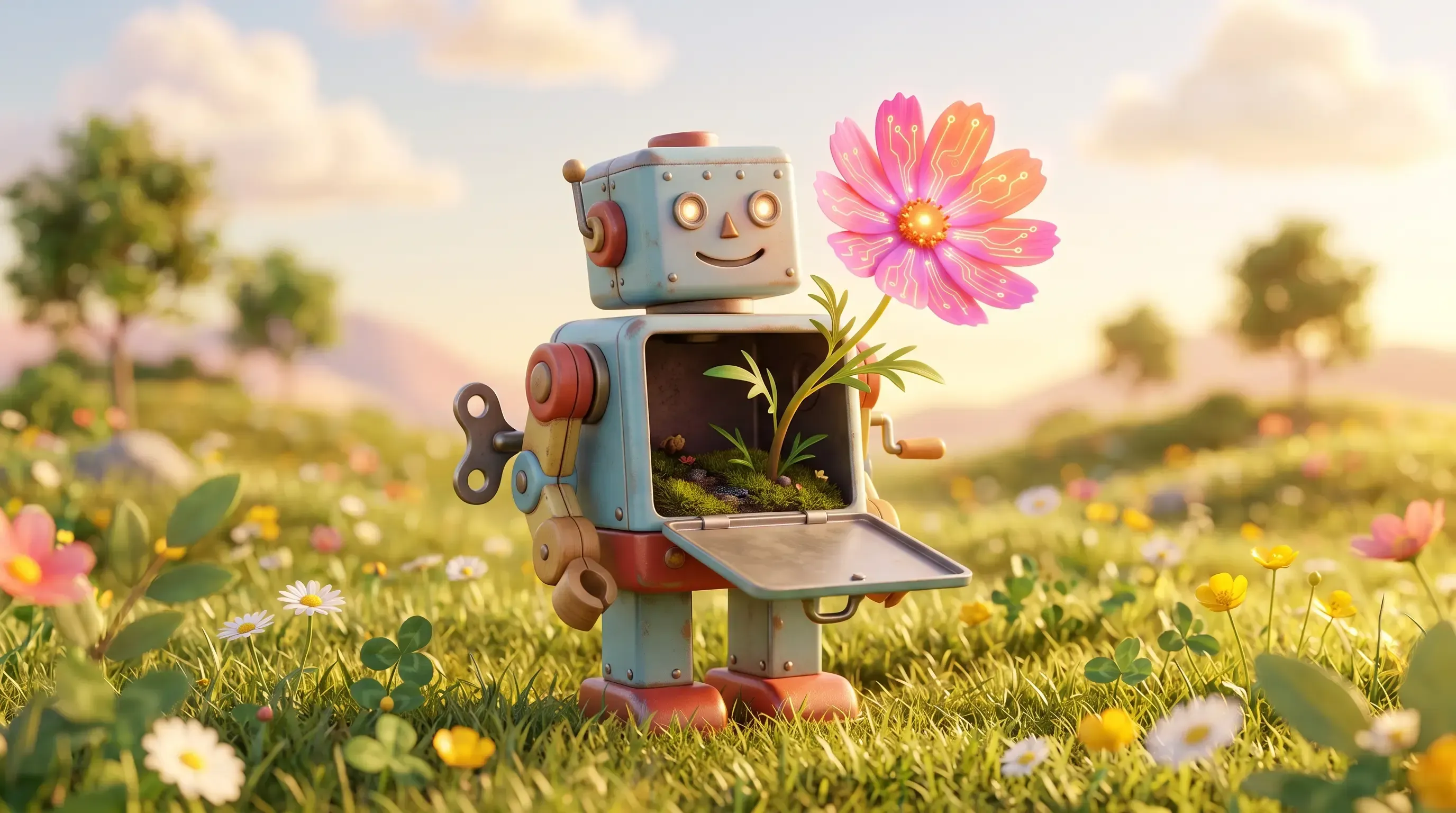 Un robot de juguete vintage parado en un prado soleado, con el pecho abierto del que florece una flor con pétalos veteados de líneas de circuito brillante
