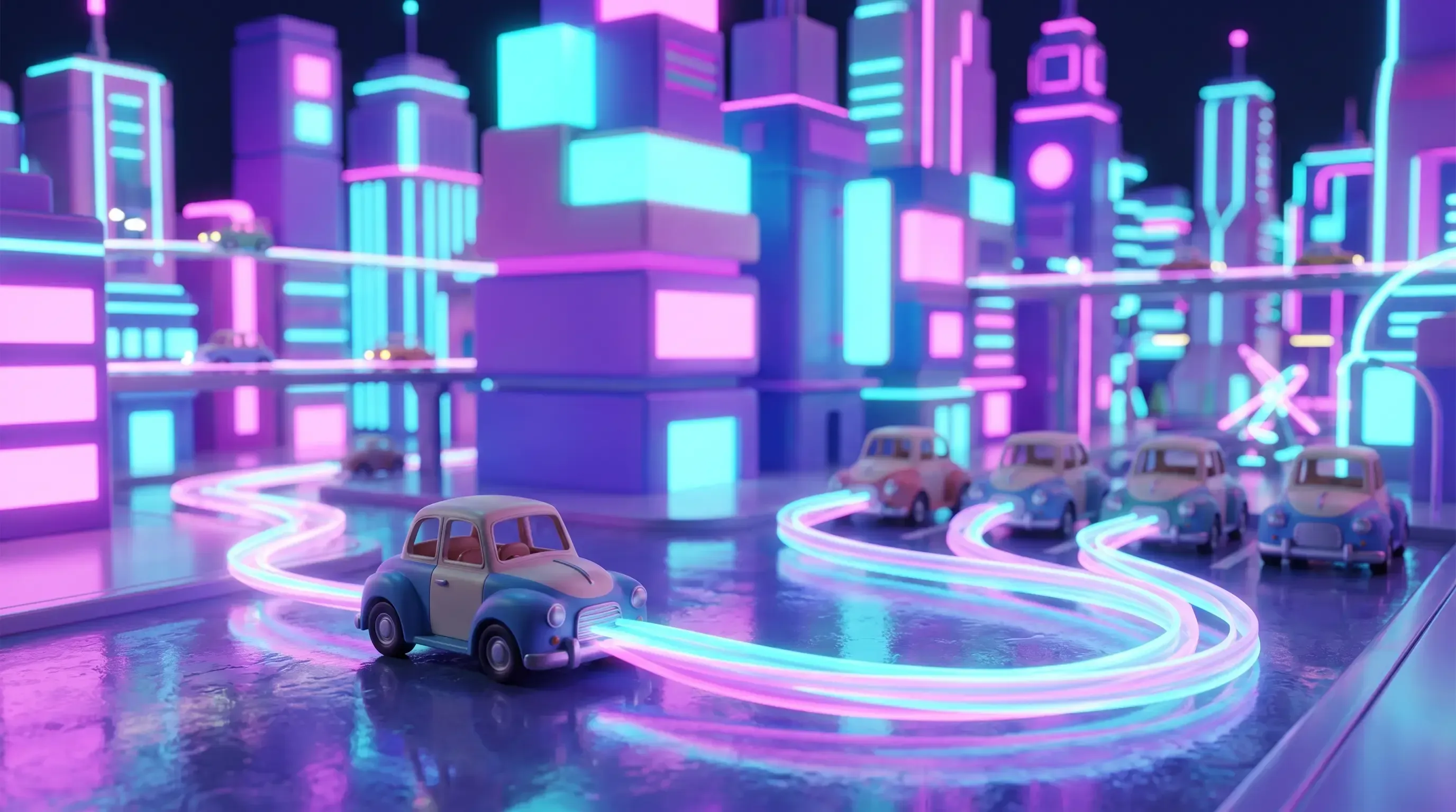 Un auto de juguete a cuerda, sin la llave puesta, recorriendo solo una mini ciudad futurista nocturna iluminada de neón, dejando una estela de luz que conecta con otros autos idénticos estacionados