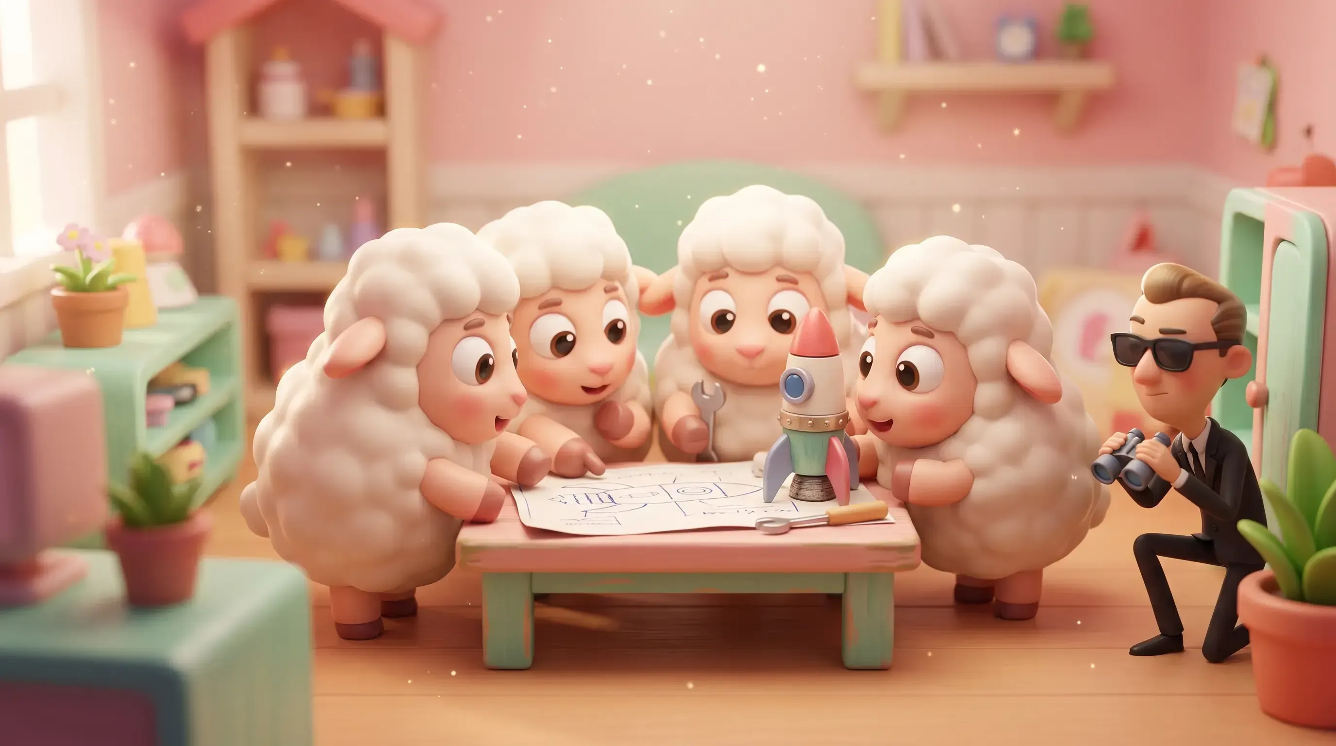 Ilustración 3D estilo juguete de un espía encubierto observando en secreto a un grupo de ovejas que planea el lanzamiento de un cohete espacial.