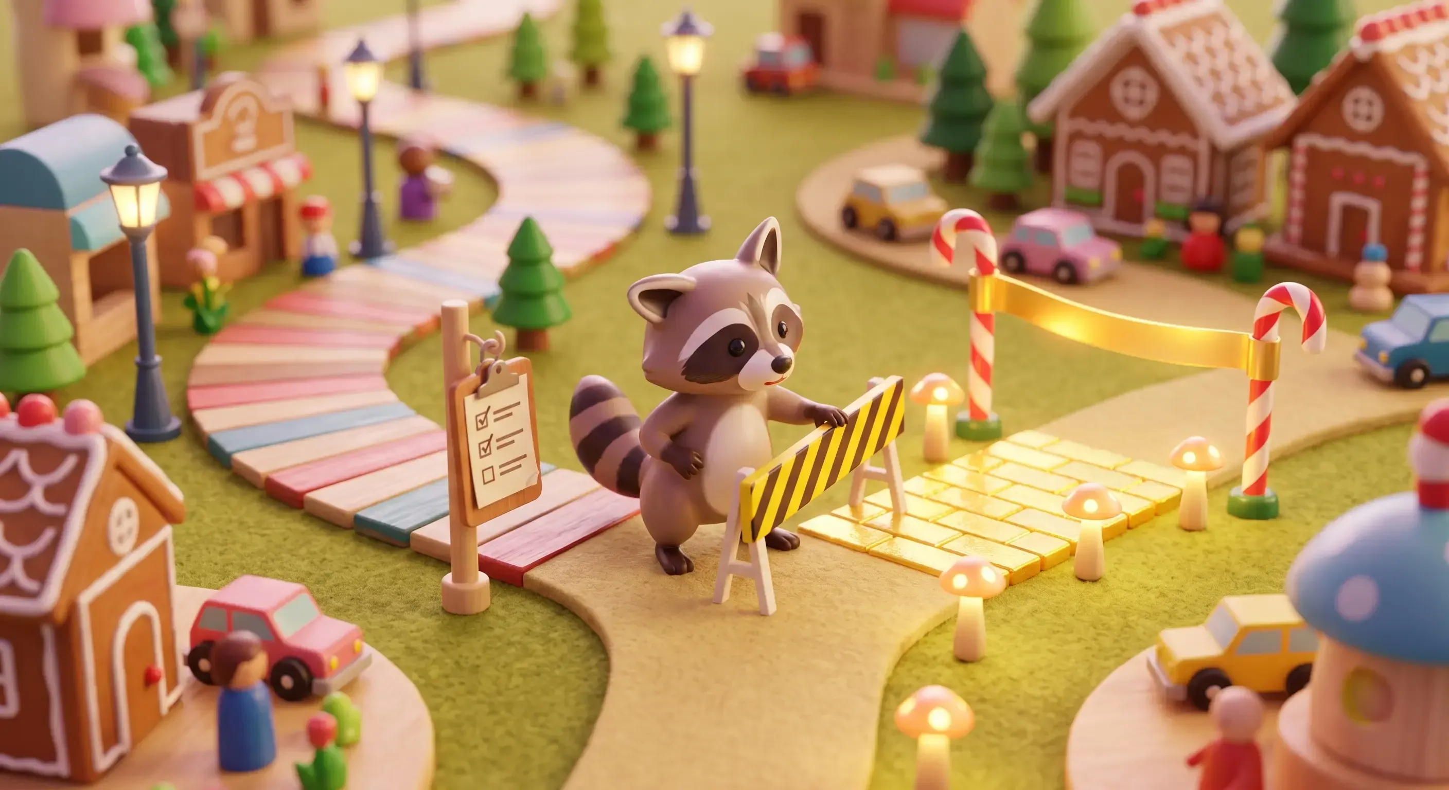 Ilustración 3D estilo juguete de un mapache que congela el paso al levantar una cinta de precaución hacia un atajo brillante, mientras el camino con la lista de verificación queda atrás