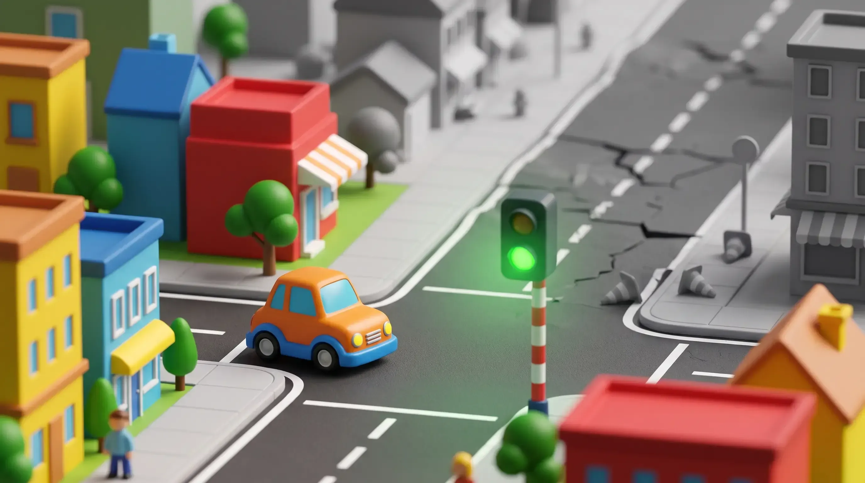 Auto de juguete frente a un semáforo en verde; la calle detrás se vuelve gris y agrietada.