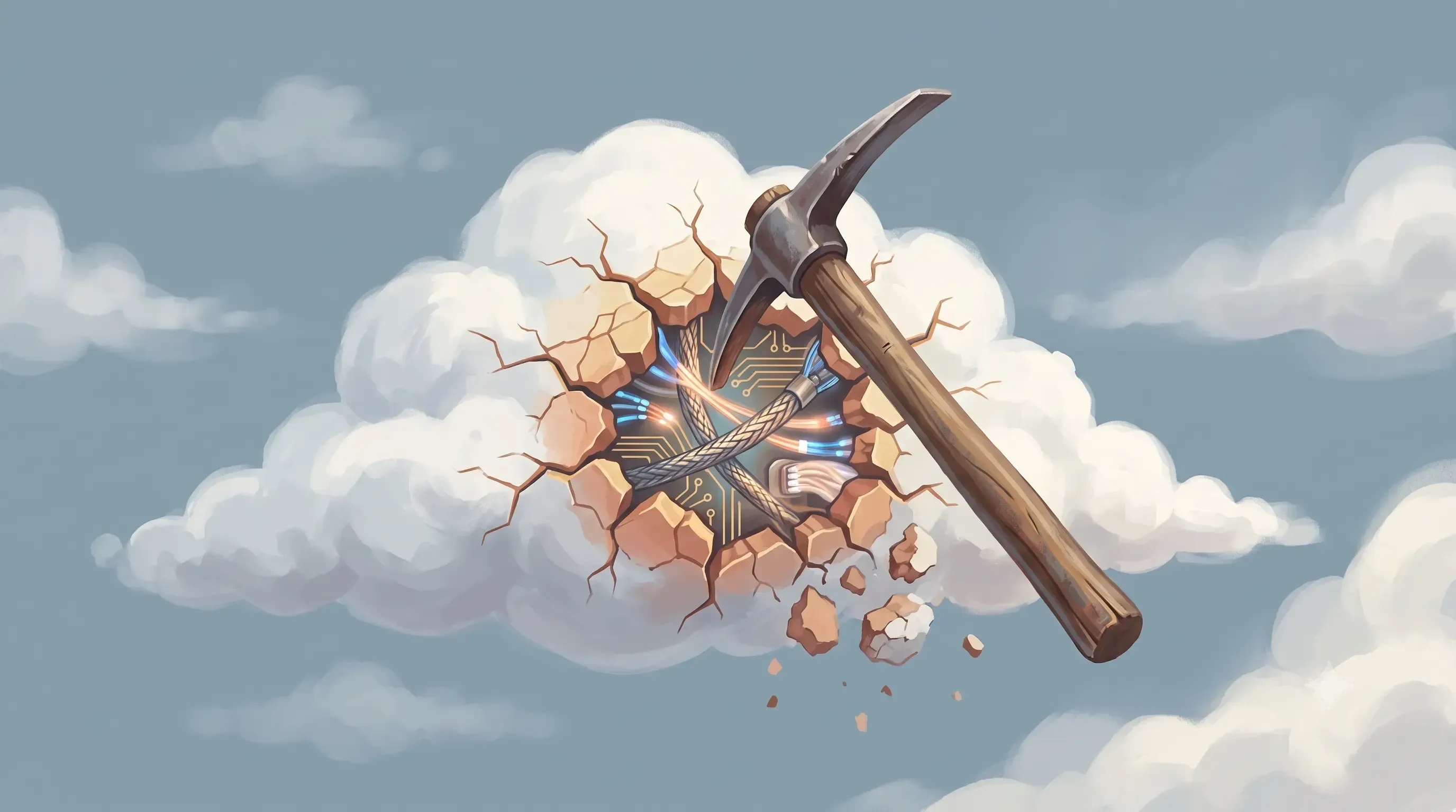 Un pico a mitad de golpe agrietando una nube literal en el cielo, dejando escapar cables brillantes y circuitos en vez de lluvia